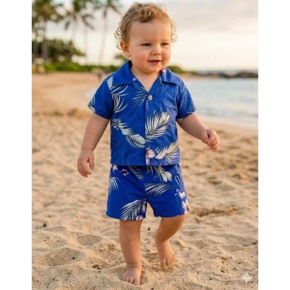 Vintage Nikky Hawaii Kids Blue Tropical Floral Shirt Shorts Set Size 12 Months
